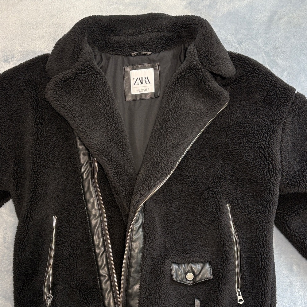 Zara Black Teddy Jacket with Faux Leather Accents - Picture 11 of 15